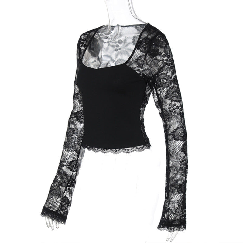 Dame Blonder Udhulet Patchwork Langærmet Top T-Shirt