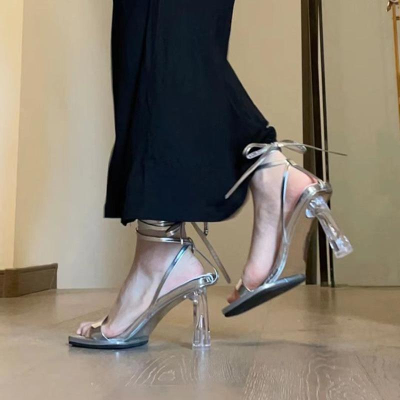 Niche Design Sølv Højhælede Transparente Stilethæle Romerske Rem Elegant Sandaler