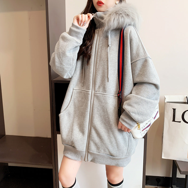 Plus Size Fleeceforet Tykkere Hættetrøje Cardigan Løst Design
