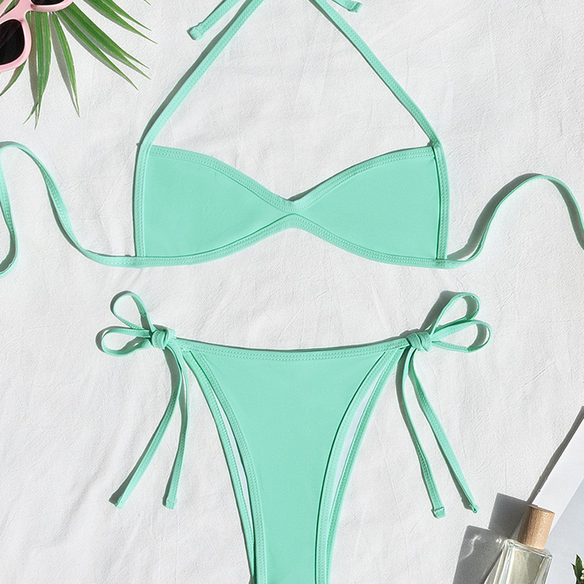 Sexy Lace-Up Halter Mini Pleated Triangle Bikini For The Beach