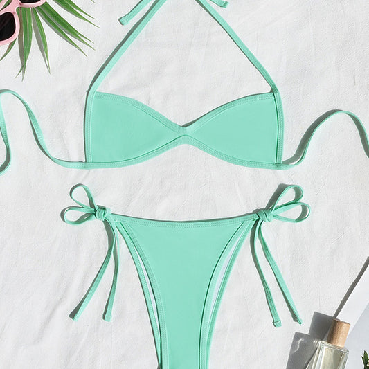Sexy Lace-Up Halter Mini Pleated Triangle Bikini For The Beach