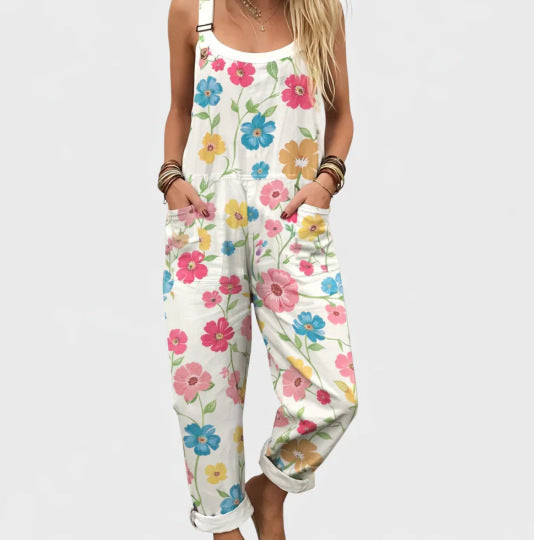 Women's Summer Digital Printing Button Casual Suspender Trousers