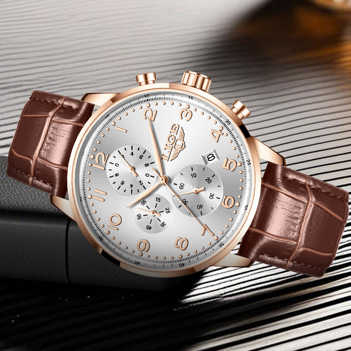 Multifunctional Calendar Leather Belt Waterproof Mens Business Mechanical Watch