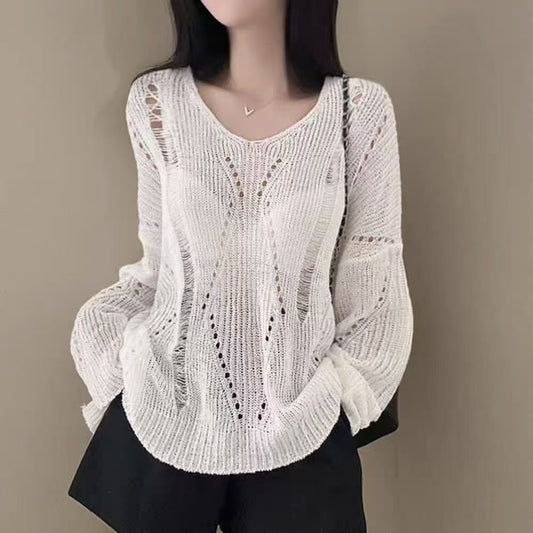 Hollow-out Ice Silk Thin Long Sleeve Mid-length V-neck Sweater