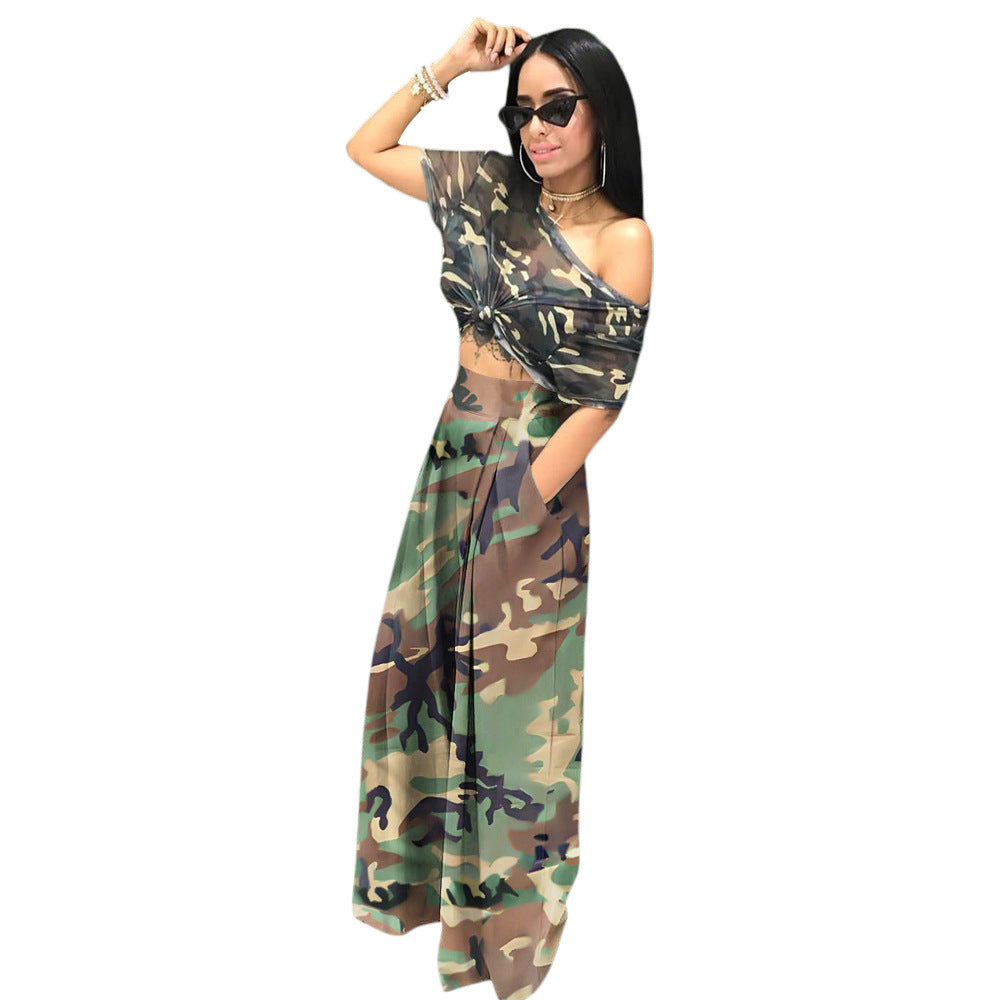 Women's Camouflage Printing Elastic Waist Wide Leg Pants Casual