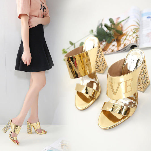 Fashion Hollow Female Slippers With Thick High-heeled Outer Wear