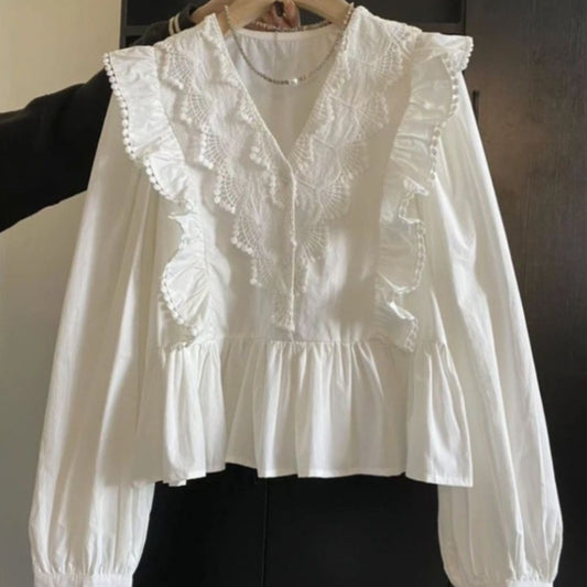 Womens French V-neck White Long-sleeve Shirt