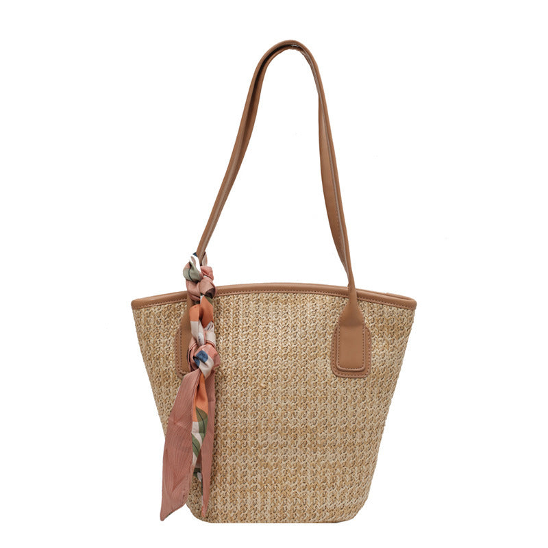 Women's Ins Straw Large Capacity Simple Silk Scarf Rattan Handbag