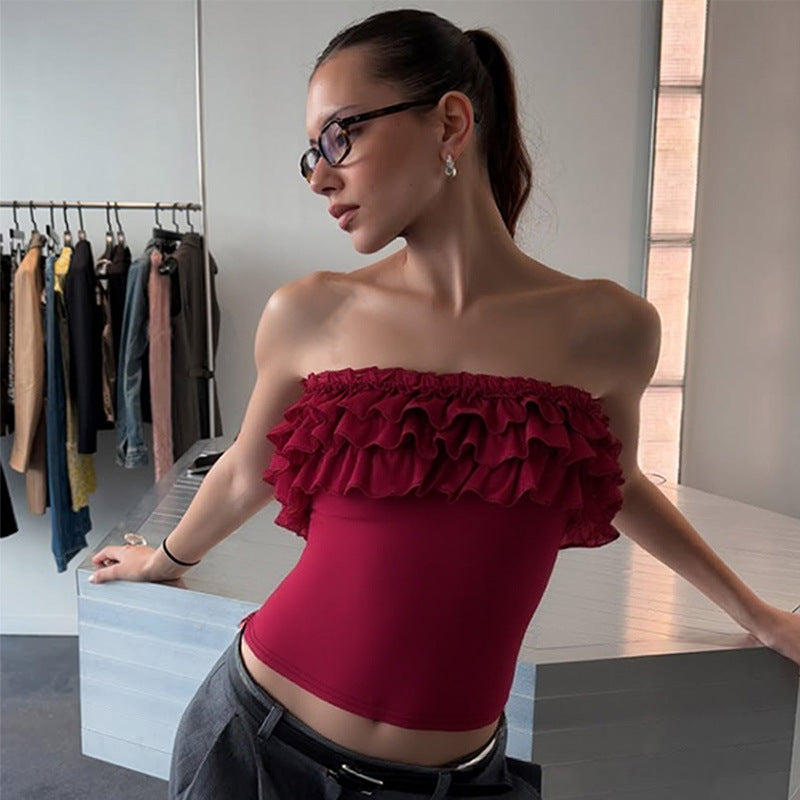 Sexy Figure-hugging Off-shoulder Solid-color Ruffled Wrap Top For Women