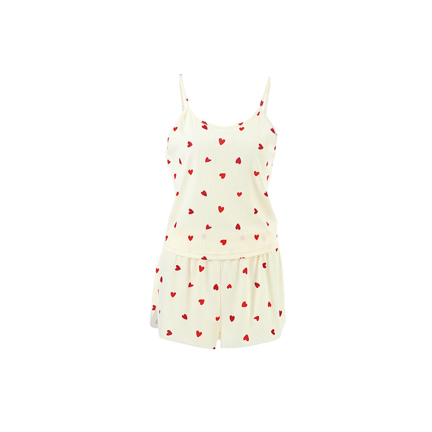 European And American-style Heart-print Camisole And Shorts Pajama Set