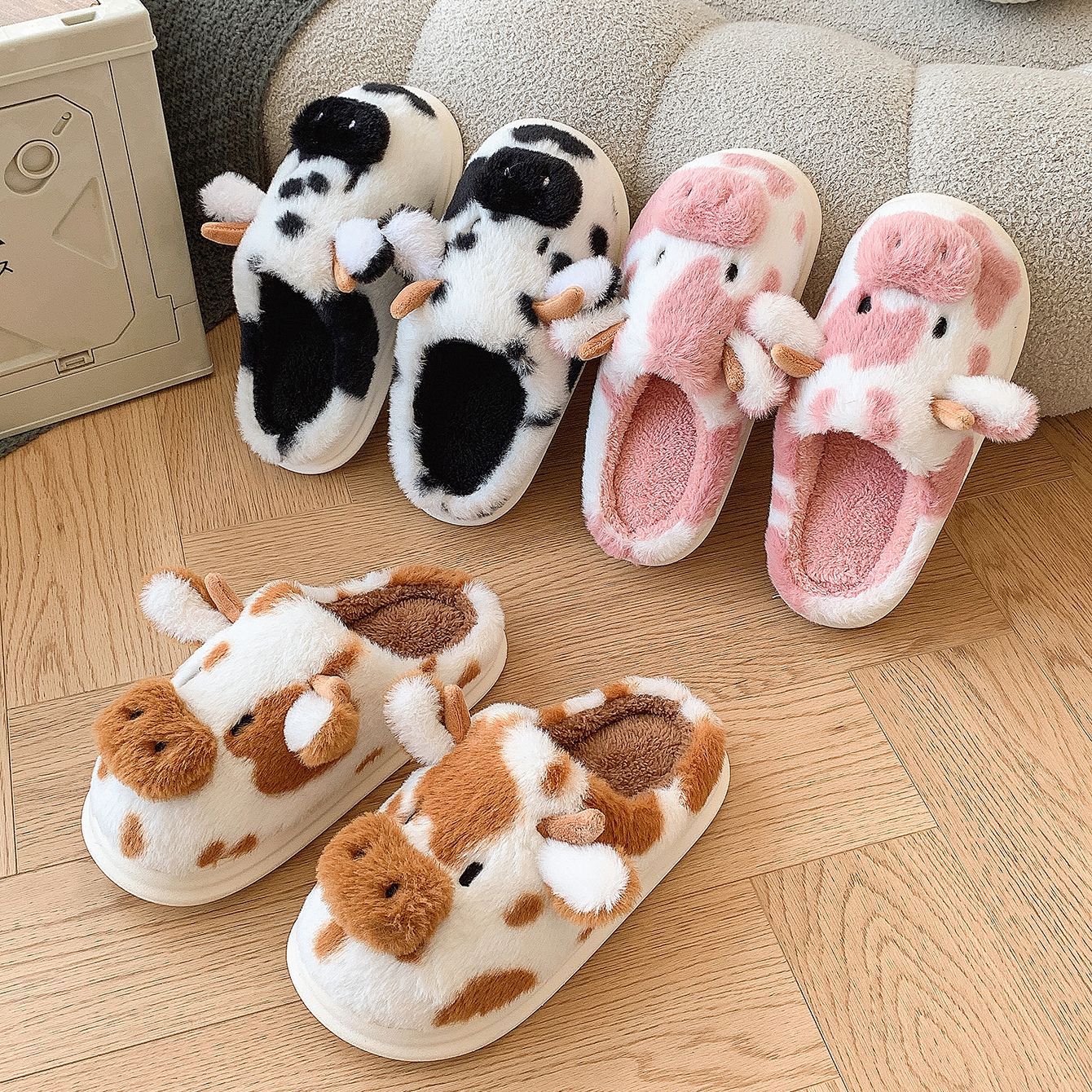 Søde Tegneserie Ko Plys Hjemmesko Vinter Varme Indendørs Soveværelse Gulv Fuzzed Hjemmesko Par Skridsikre Hjemmesko
