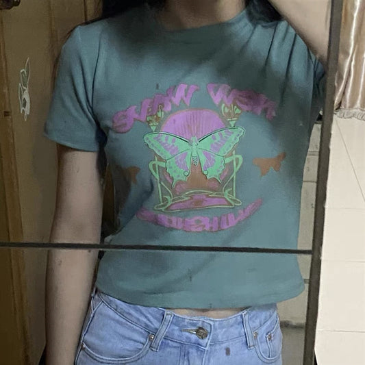 Amerikansk Trend Rund Hals T-shirt med Sommerfugleprint og Korte Ærmer