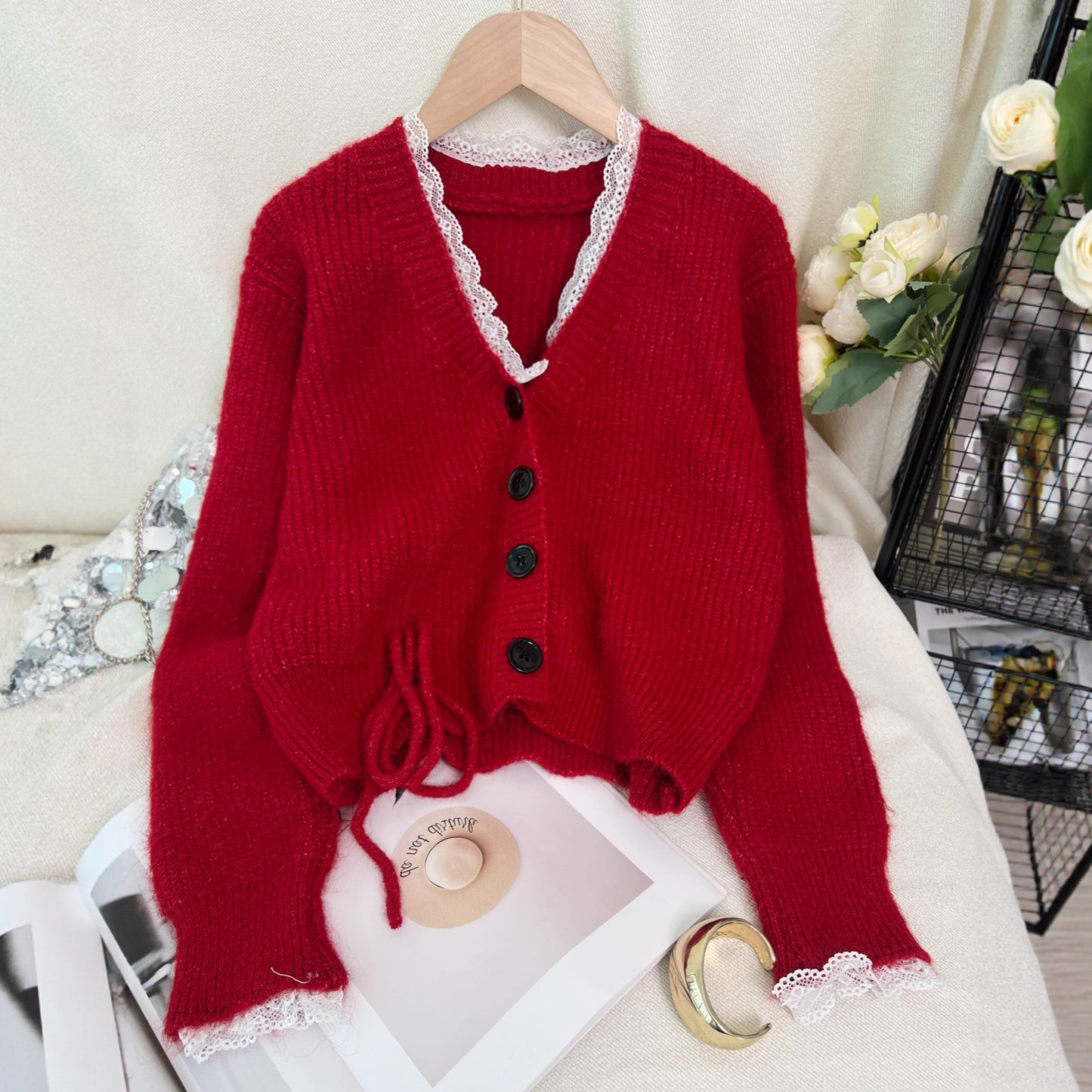 Stitching Lace Fashion Casual Knitted Cardigan V-neck Women's Sweater