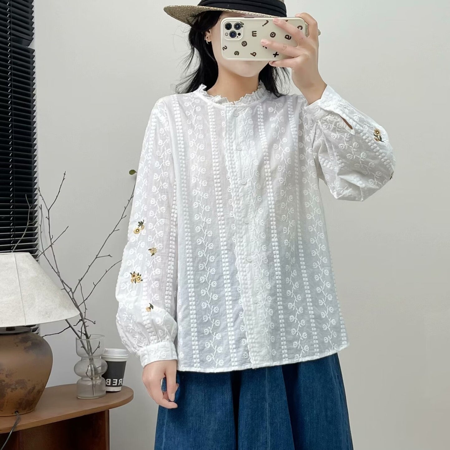 Japanese Style New Literary Solid Color Lace Long-sleeved Shirt