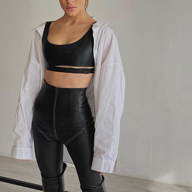 Women's Fashion Solid Color PU Leather Stretch Skinny Leggings