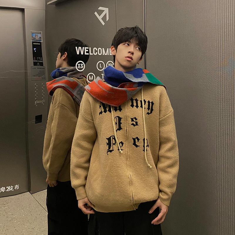 Autumn And Winter Hooded Letter Jacquard Loose Coat For Men