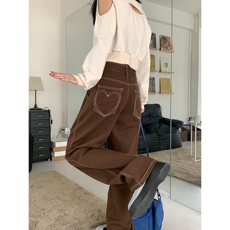 Women's Autumn And Winter Brown Wide-leg Jeans