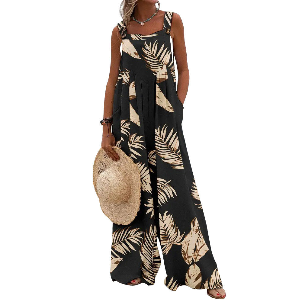 Printed Sleeveless Loose Casual Suspender Jumpsuit Wide Leg Pants Women