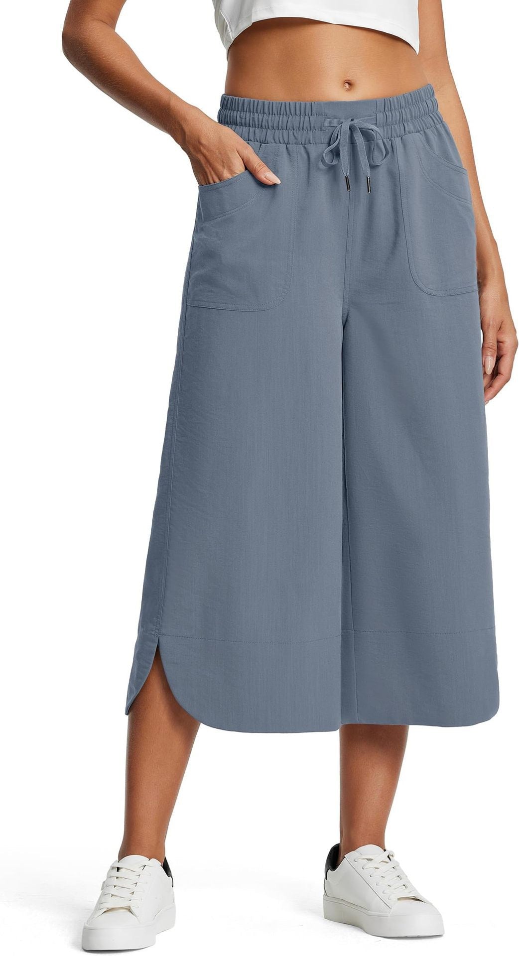 Summer Elastic Waist Solid Color Wide Leg Loose Casual Cropped Pants For Women