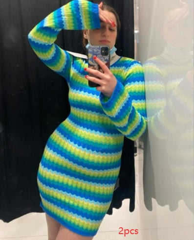Contrast Stripe Backless Long-Sleeve Knit Dress
