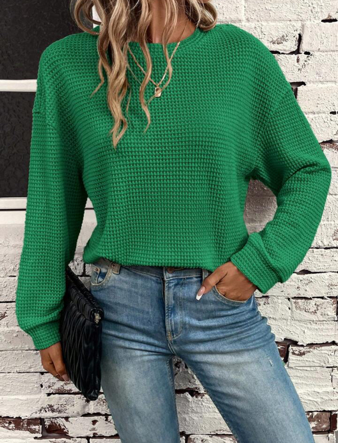 Dame Strikket Rundhals Langærmet Løs Pullover Top