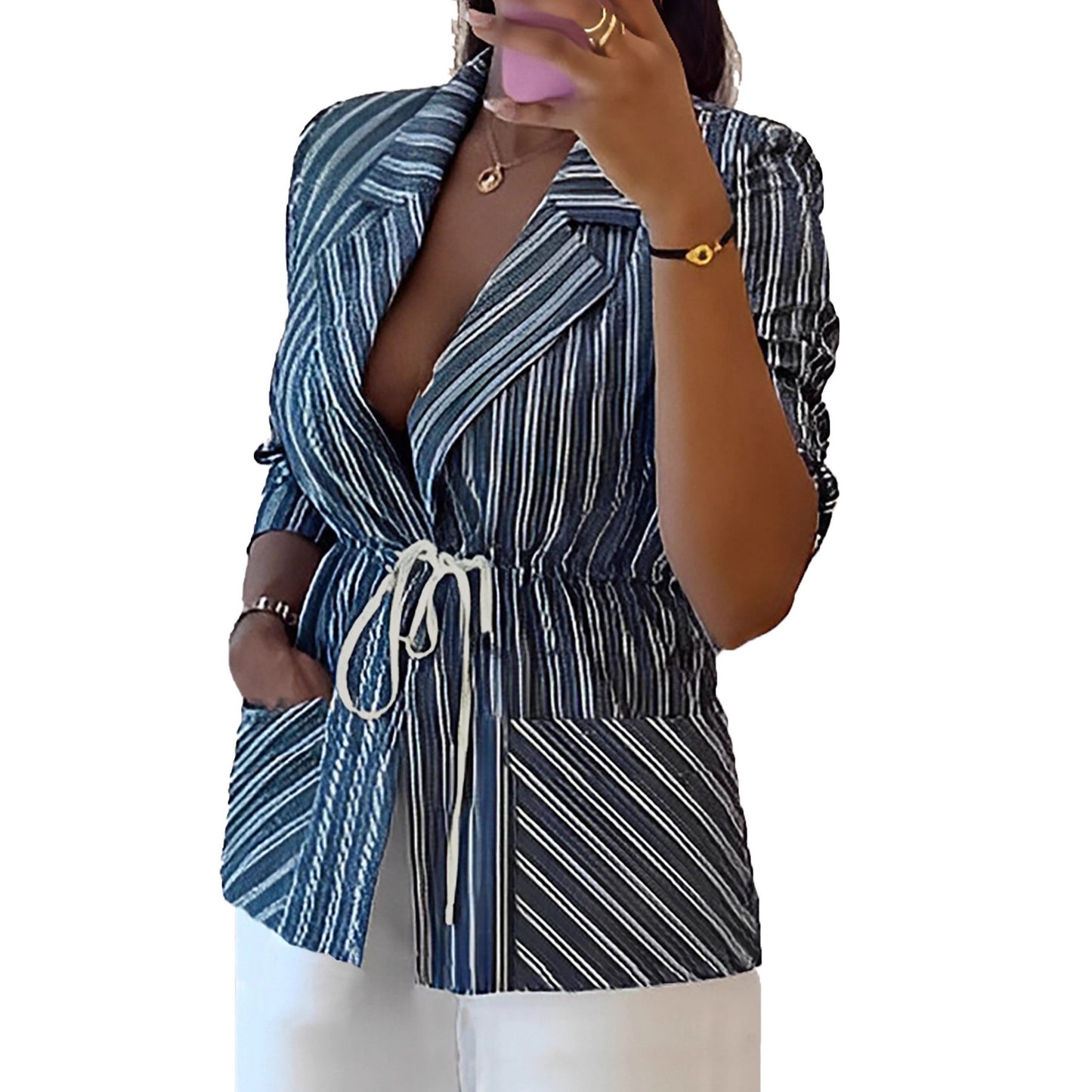 Womens Striped Printed Coat With Long Sleeves Defined Waist And Tie-Back Design