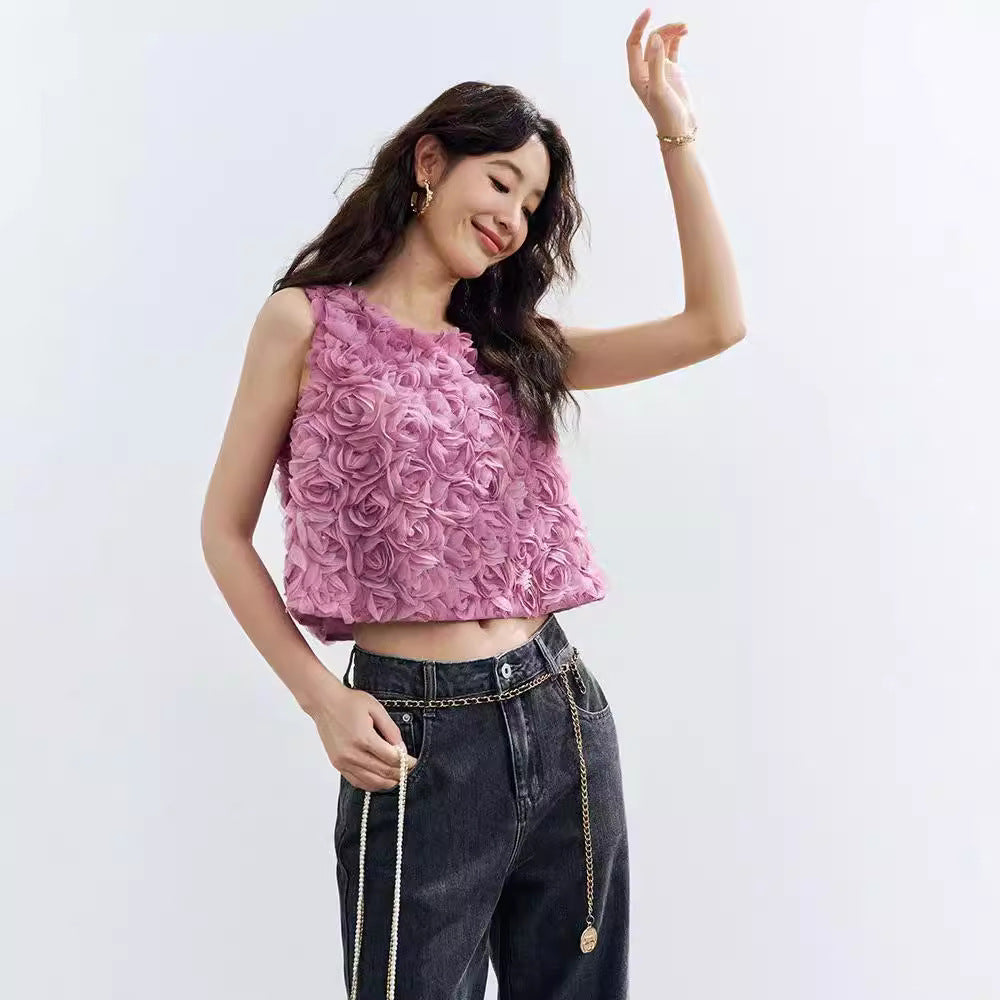 Women's Three-dimensional Rose Sleeveless Vest Short Loose Top