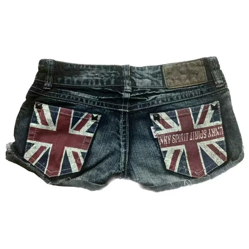 Printed Contrast Color Low Waist Hot Girl Slim Fit Denim Shorts
