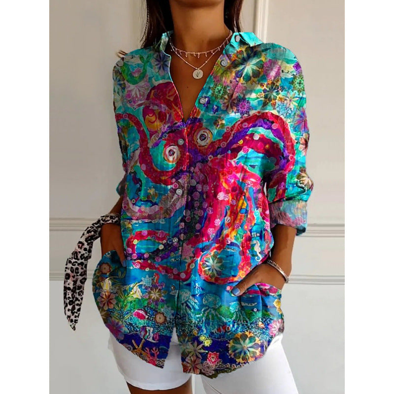 Womens Trendy Long-sleeve Printed Maxi Shirt