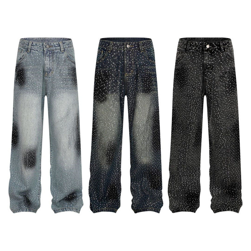 Special-interest Design Pants Rhinestone Loose Straight Wide Leg Casual Jeans