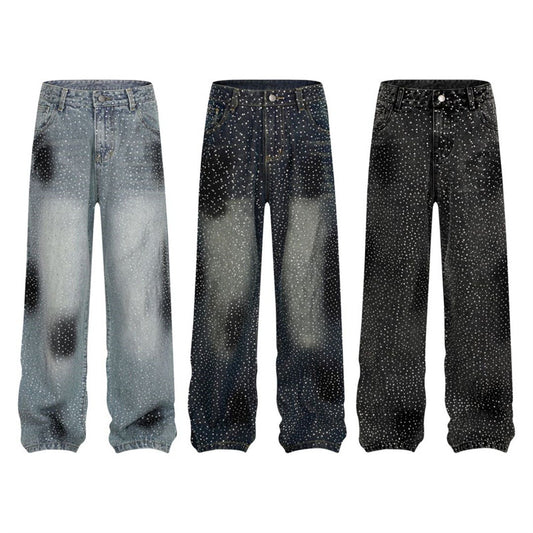 Special-interest Design Pants Rhinestone Loose Straight Wide Leg Casual Jeans