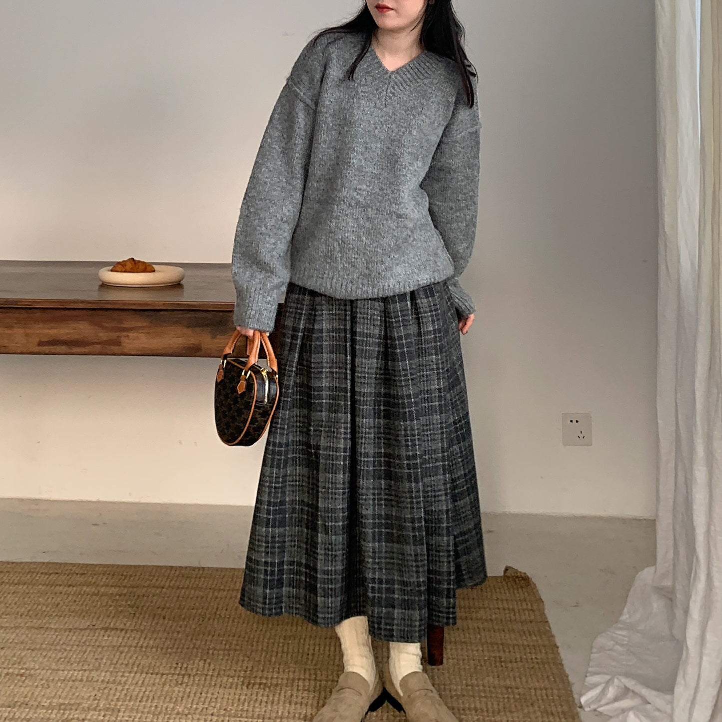 Woolen Preppy Style Retro Plaid Pleated Skirt