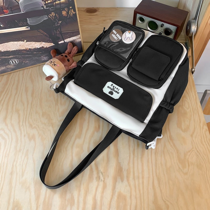 Retro Color Blocking Large Capacity Shoulder Bag For Soft Girls