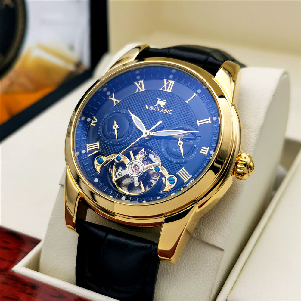 Mens Fashion Luminous Hollow-Out Casual Semi-Automatic Mechanical Watch