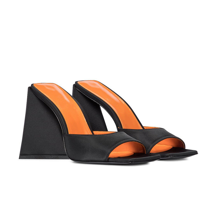 Square Toe Open-toe Tie-dye Bright Color Ultra-high Thick Heel Outer Wear Slippers Europe And America