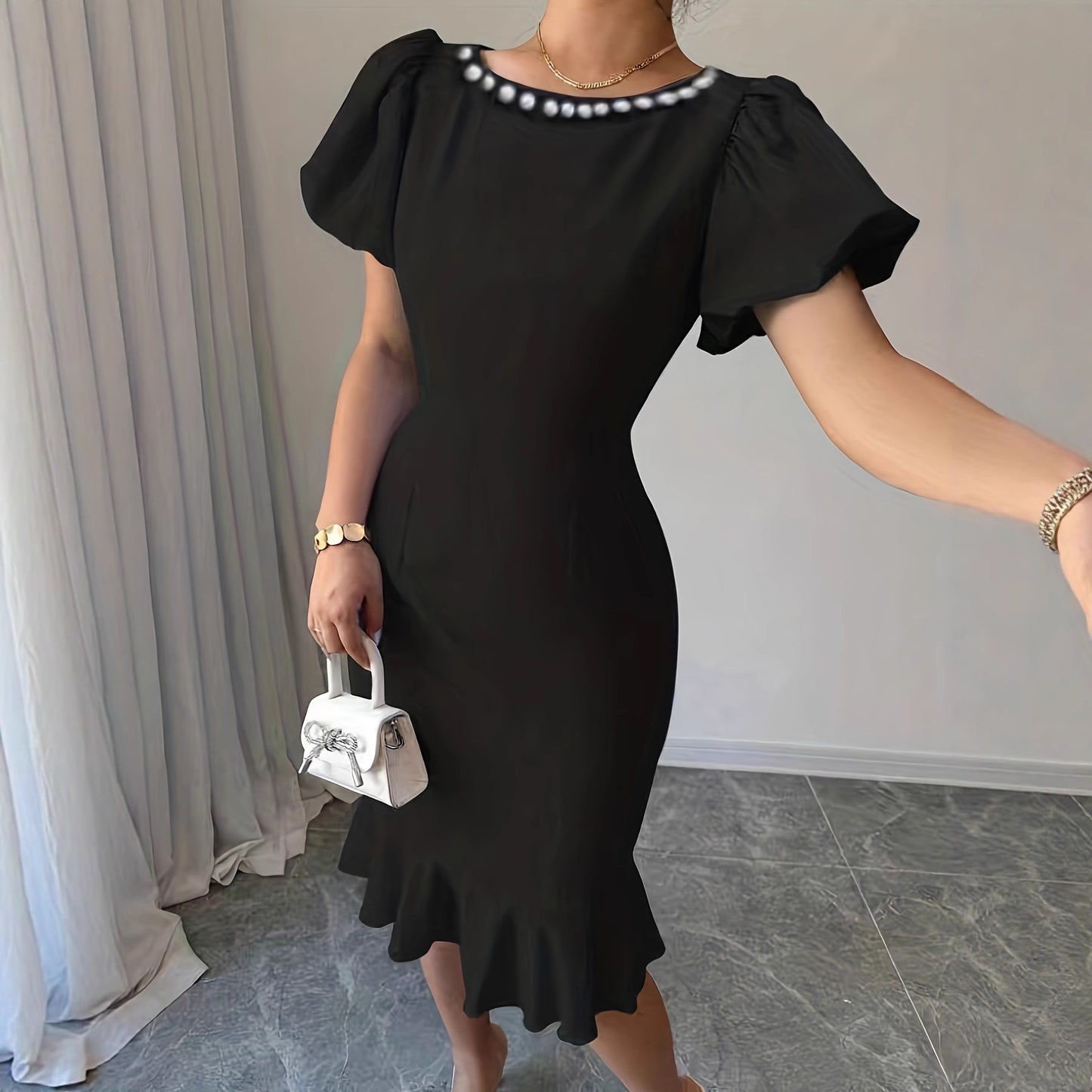 Solid-color Bubble-sleeve Mermaid Slimming Dress
