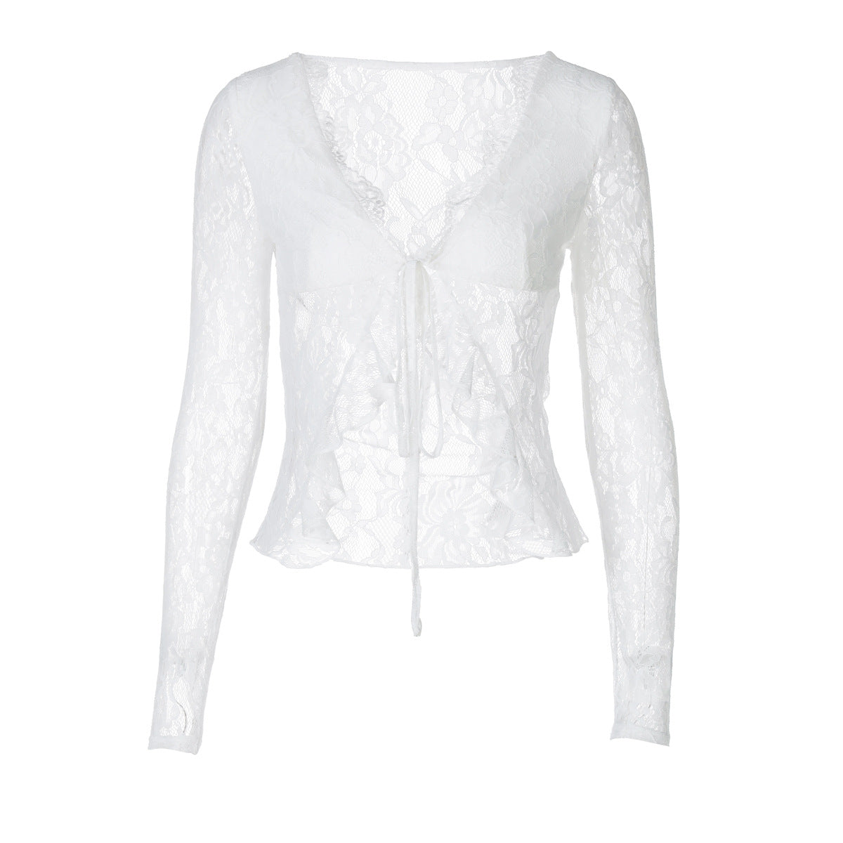 Sexet blonde gennemsigtig V-hals cardigan blonde snøre langærmet top