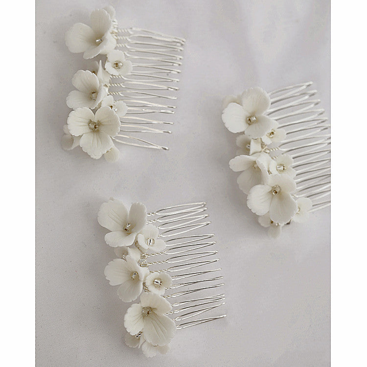 Hair Comb Ceramic White Flowers