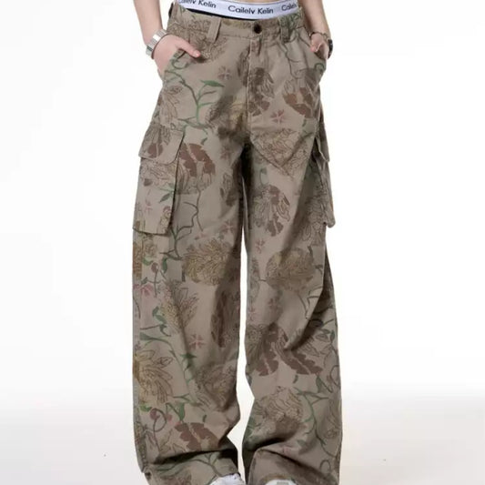 Retro Hot Girl Style Floral Print Large Pocket Casual Working Pants