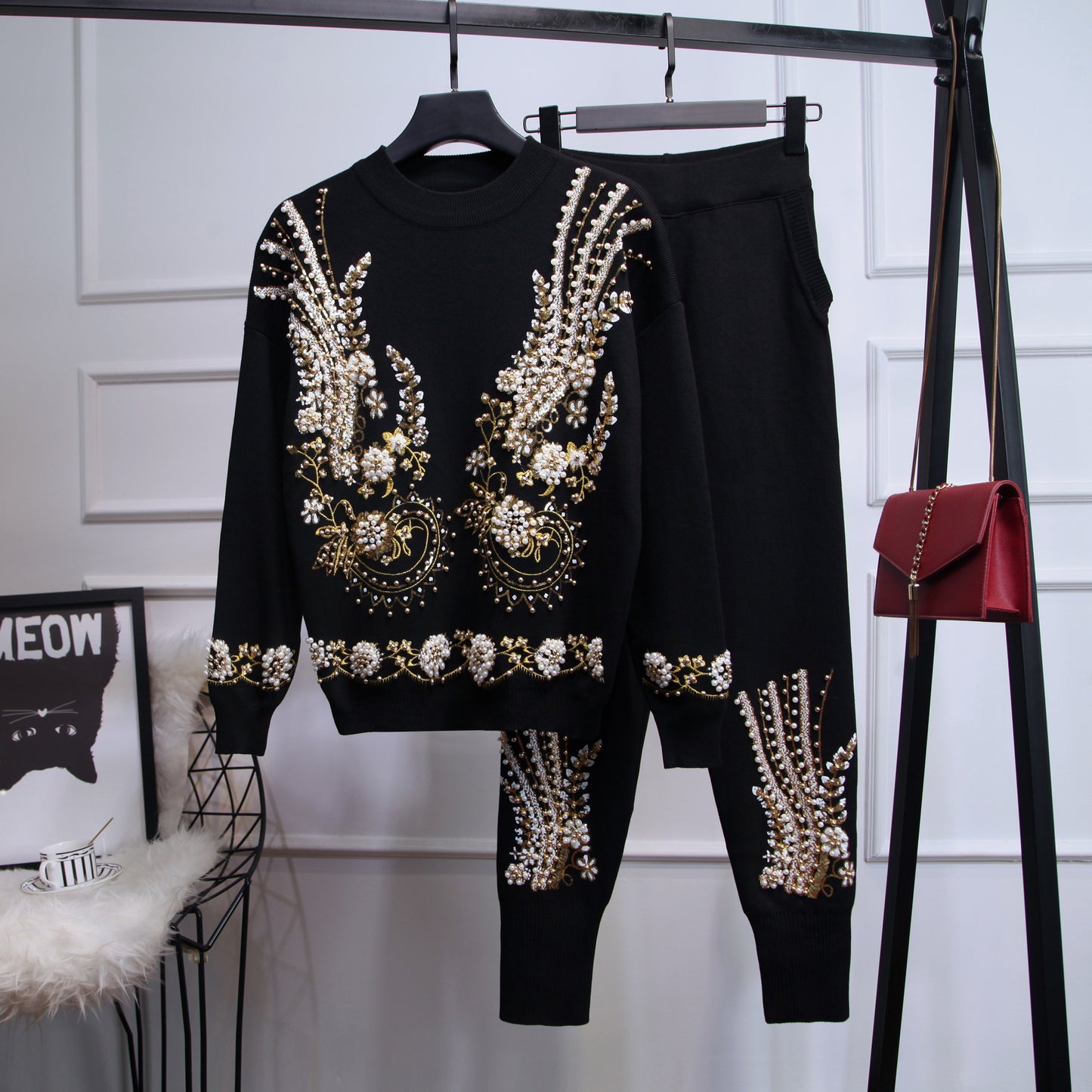 Women's Sequin Bead Long-sleeved Sweater Trousers Two-piece Set