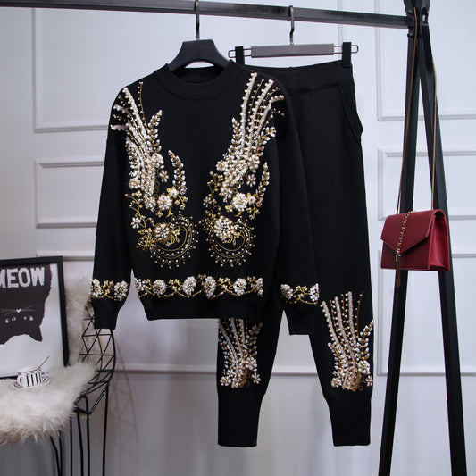 Women's Sequin Bead Long-sleeved Sweater Trousers Two-piece Set