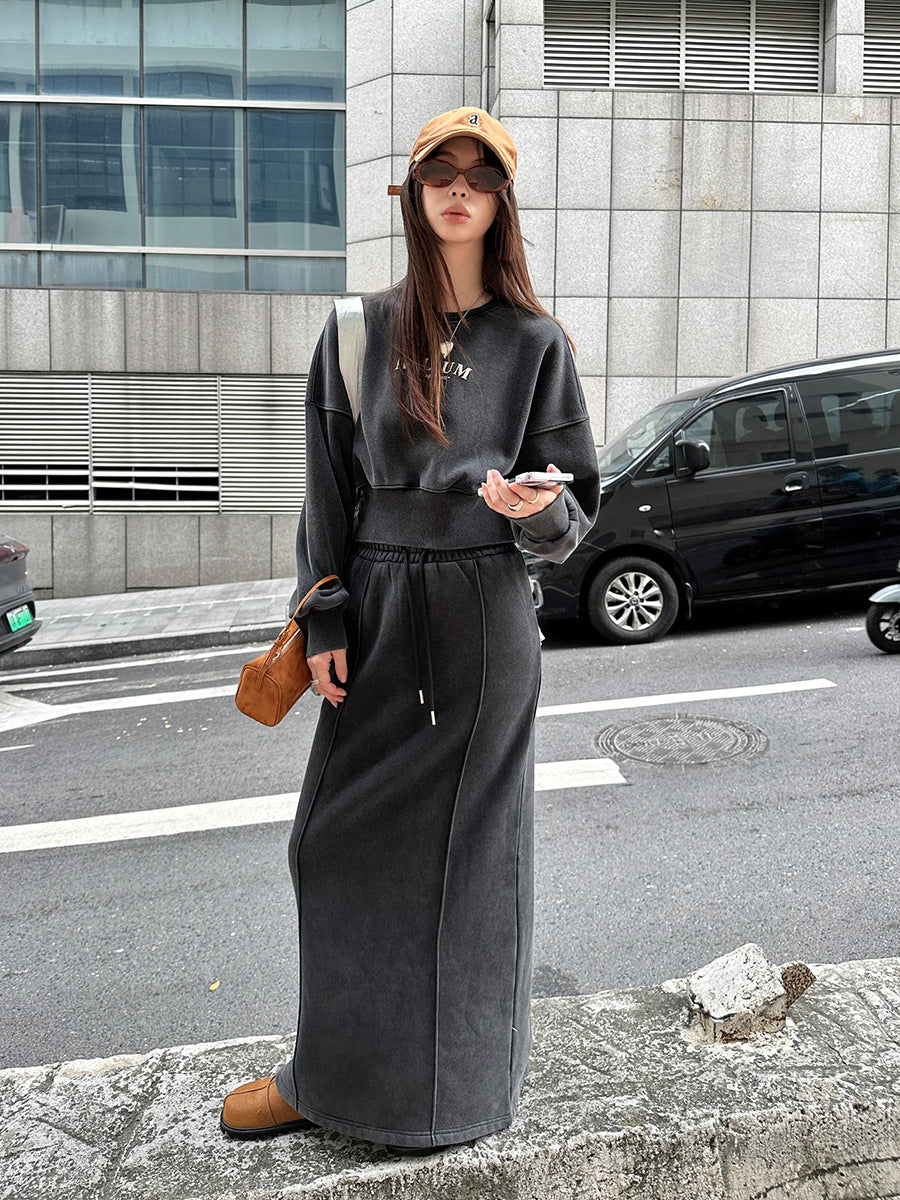 Thickened Fleece-lined Sunken Stripe Half-length Straight Slim-fit Slimming Solid Color Mid-length Dress
