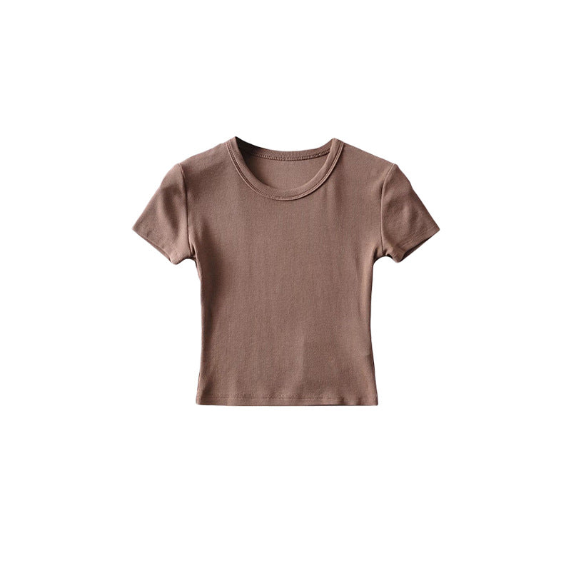 Basic Style Round Neck Tight Stretch Solid Color Short Sleeve T-shirt Top
