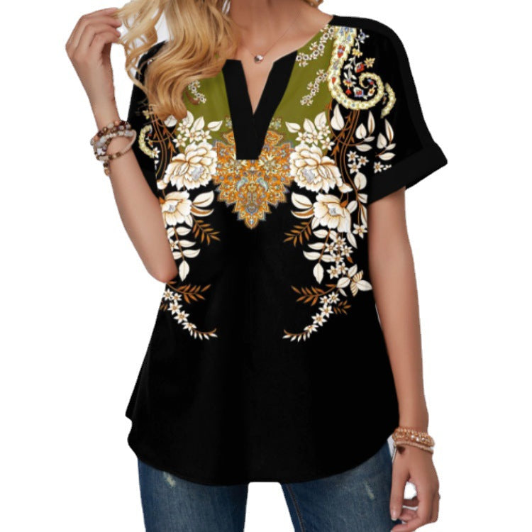 Place Print Split Neck Black Shirt T Shirt