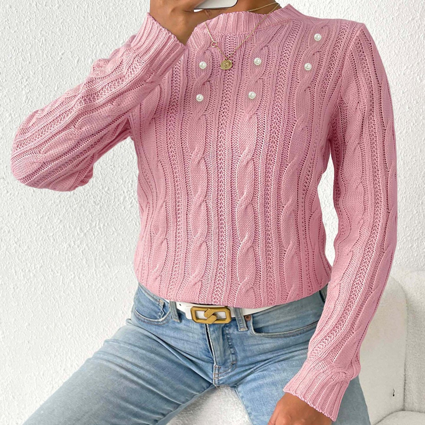 Women's Simple Pearl Beaded Sweater