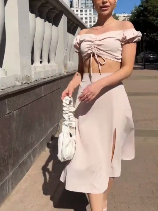 Womens Retro Lace-up Top And Skirt Set