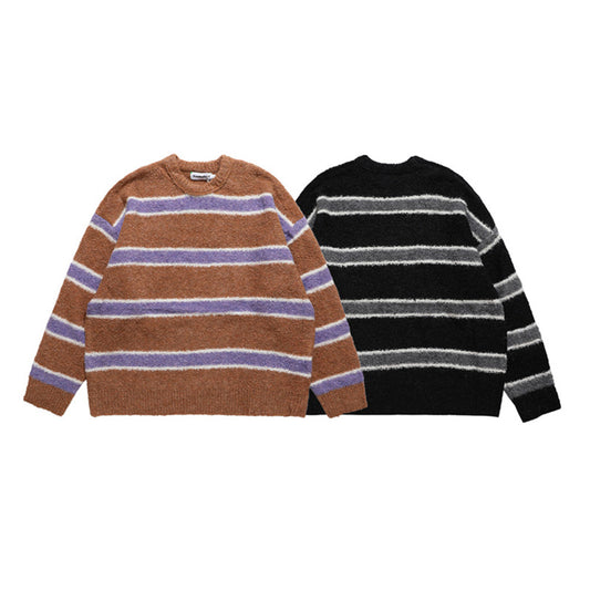National Trend Striped Color Contrast Vintage Loose Sweater