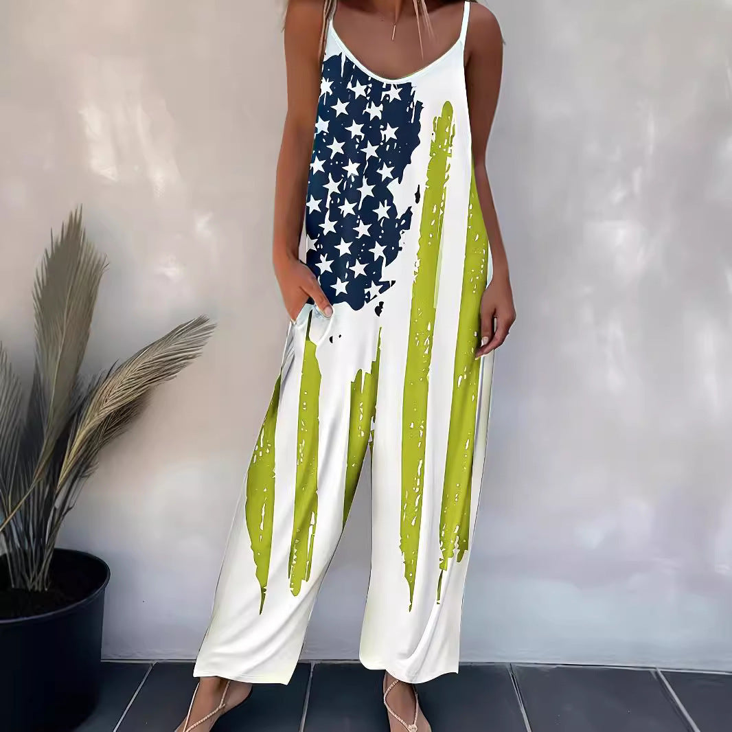 Women's Printed Casual Suspender One-piece Trousers