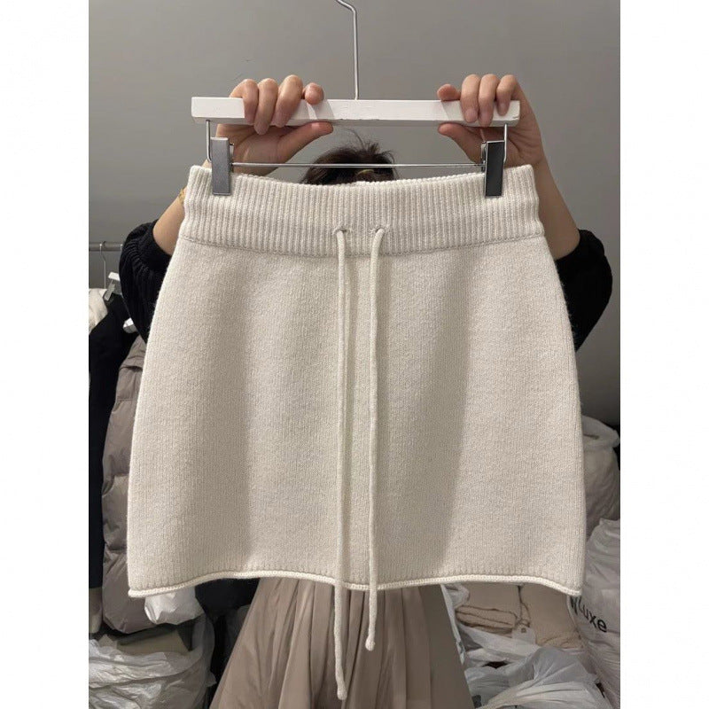 Western Style Elastic Waistband Lace-up Knitted Skirt