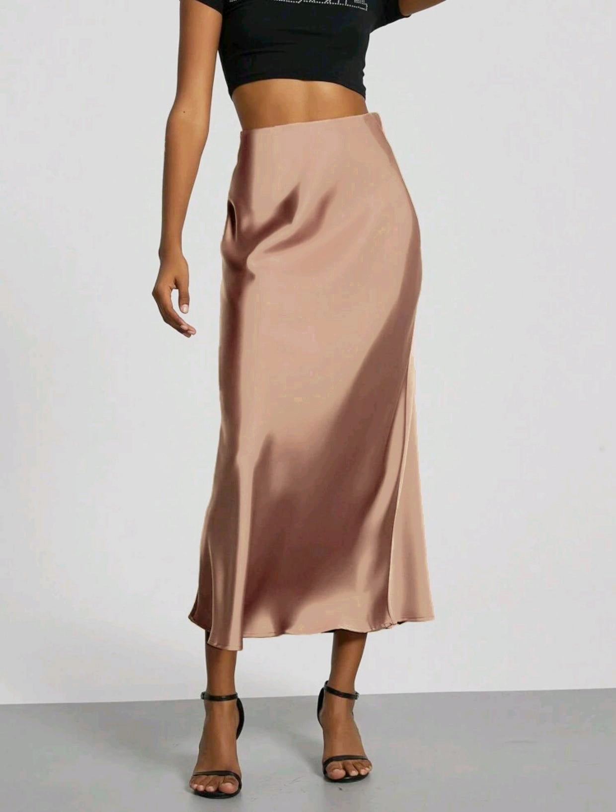 Dame Slim Fit Satin Nederdel Mode Smart Ensfarvet Lang Nederdel
